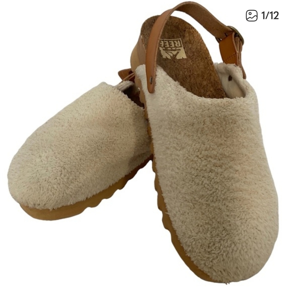 Reef Beach Bum Cream Tan Faux Fur Cork Upper Heel Strap Clogs 8